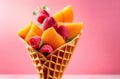 fresh fruits, berries and flowers in an ice-cream waffle cone isolated over the background Royalty Free Stock Photo