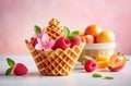 fresh fruits, berries and flowers in an ice-cream waffle cone isolated over the background Royalty Free Stock Photo