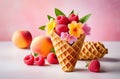 fresh fruits, berries and flowers in an ice-cream waffle cone isolated over the background Royalty Free Stock Photo