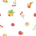 Fresh fruits berries seamless pattern. Vector illustration of isolated cherries, peaches, plums, nectarines with leaves on white Royalty Free Stock Photo