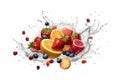 Fresh fruits, berries and splashes of water on a white background. AI generative Royalty Free Stock Photo