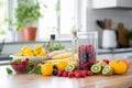 Fresh Fruits and Berries in a Vibrant Kitchen. Start Your Morning with a Nutrient-packed Smoothie.