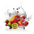 Fresh fruits and berries in water splash on white backround. Juicy fruit. Generative AI Royalty Free Stock Photo