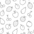 Fresh fruits black and white seamless pattern in cartoon style. Healthy food doodle background Royalty Free Stock Photo