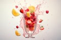 Fresh fruits cascading into lemonade cocktail glass, creating splash on white surface Royalty Free Stock Photo