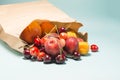 Fresh fruits cherry, nectarine, apricots, peaches in a paper bag on a bright blue background Royalty Free Stock Photo