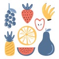 Fresh fruits colored set element. Grape, strawberry, banana, apple, pineapple, watermelon, orange isolated on white background. Royalty Free Stock Photo