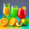 Fresh fruits and colorful glasses of fruit juice