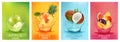 Fresh fruits drink splashing together- pear, apple, plum, apricot, cococnut, mango, pinrapple, banana, orangre juice drink