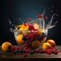 A fresh fruits falling in a glass bowl full of water ai generative illustration Royalty Free Stock Photo