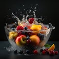 A fresh fruits falling in a glass bowl full of water ai generative illustration Royalty Free Stock Photo