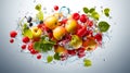 Fresh fruits falling into water with splash on white background. Healthy food concept Royalty Free Stock Photo