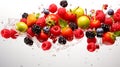 Fresh fruits falling into water with splash on white background. Healthy food concept Royalty Free Stock Photo