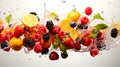 Fresh fruits falling into water with splash on white background. Healthy food concept Royalty Free Stock Photo