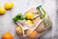 Fresh groceries in cotton net bag. Zero waste concept Royalty Free Stock Photo