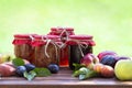 Fresh fruits and homemade jars of jam on wooden table in blurred natural  garden background. Preserves of peaches, nectarines, Royalty Free Stock Photo