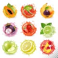 Fresh fruits juice splashing together- mango, passion flower, raspberry Royalty Free Stock Photo