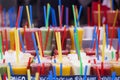 Fresh fruits juices and colorful drinking straw Royalty Free Stock Photo