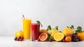 Fresh Fruits juices. Glasses of Fruits juice with Fruits on the table. Healthy and diet food. Minimalism. Photo AI generated