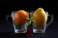 Fresh fruits - lemon and orange in transparent glass mugs next to a toy palm tree. Tropical juice concept Royalty Free Stock Photo