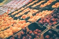 Fresh fruits like peaches, and plums are displayed and sold at the street market stall