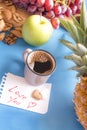 Love you note near coffee and fruits Royalty Free Stock Photo
