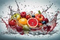 Fresh fruits - oranges, kiwis, apples, and grapes - in a splash of water, creating a refreshing and vibrant image. Ai generated