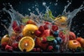 Fresh fruits - oranges, kiwis, apples, and grapes - in a splash of water, creating a refreshing and vibrant image. Ai generated