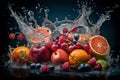 Fresh fruits - oranges, kiwis, apples, and grapes - in a splash of water, creating a refreshing and vibrant image. Ai generated