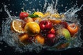 Fresh fruits - oranges, kiwis, apples, and grapes - in a splash of water, creating a refreshing and vibrant image. Ai generated