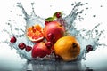 Fresh fruits - oranges, kiwis, apples, and grapes - in a splash of water, creating a refreshing and vibrant image. Ai generated