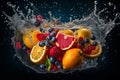 Fresh fruits - oranges, kiwis, apples, and grapes - in a splash of water, creating a refreshing and vibrant image. Ai generated