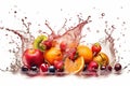 Fresh fruits - oranges, kiwis, apples, and grapes - in a splash of water, creating a refreshing and vibrant image. Ai generated