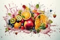 Fresh fruits - oranges, kiwis, apples, and grapes - in a splash of water, creating a refreshing and vibrant image. Ai generated