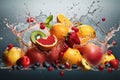 Fresh fruits - oranges, kiwis, apples, and grapes - in a splash of water, creating a refreshing and vibrant image. Ai generated