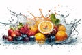 Fresh fruits - oranges, kiwis, apples, and grapes - in a splash of water, creating a refreshing and vibrant image. Ai generated