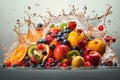 Fresh fruits - oranges, kiwis, apples, and grapes - in a splash of water, creating a refreshing and vibrant image. Ai generated