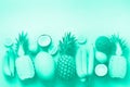 Fresh fruits over sunny background. Monochrome concept with banana, coconut, pineapple, lemon, melon in mint color. Top view.