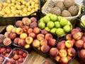 Peaches, strawberries, coconuts, apricots and lime close-up