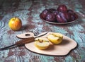 Fresh fruits prepared for making jam or fruit filling on a wooden table Royalty Free Stock Photo