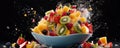 Fresh fruits, rapsberries, oranges, kiwis, apples, and grapes - in a splash of water. wide banner