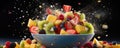 Fresh fruits, rapsberries, oranges, kiwis, apples, and grapes - in a splash of water. wide banner