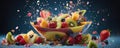 Fresh fruits, rapsberries, oranges, kiwis, apples, and grapes - in a splash of water. wide banner