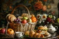 Fresh fruits, sandwiches, pastries, and tea set in a beautiful basket arrangement Royalty Free Stock Photo