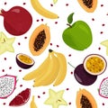 Fresh fruits seamless vector pattern. Bananas, green apples, dragon fruit, carambola, pomegranate and passion fruit background