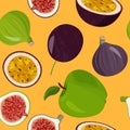 Fresh fruits seamless vector pattern. Green apples, figs and passion fruit background