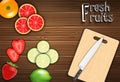 Fresh fruits slices on the table with a knife on a cutting board background Royalty Free Stock Photo