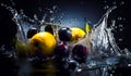Fresh fruits splash healthy food. Vitamin vegetables splashing with water. Generative AI