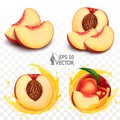 Fresh fruits and splashes, peaches, nectarine, set of fruits with slice and drops, 3d vector realistic, icon set Royalty Free Stock Photo