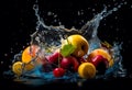 Fresh fruits splashing into blue clear water
